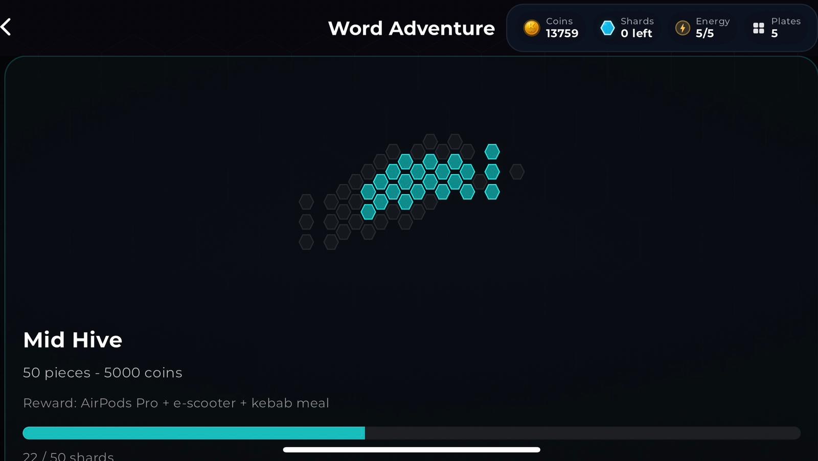 Koffies mobile app carousel screen showing Word Adventure gameplay